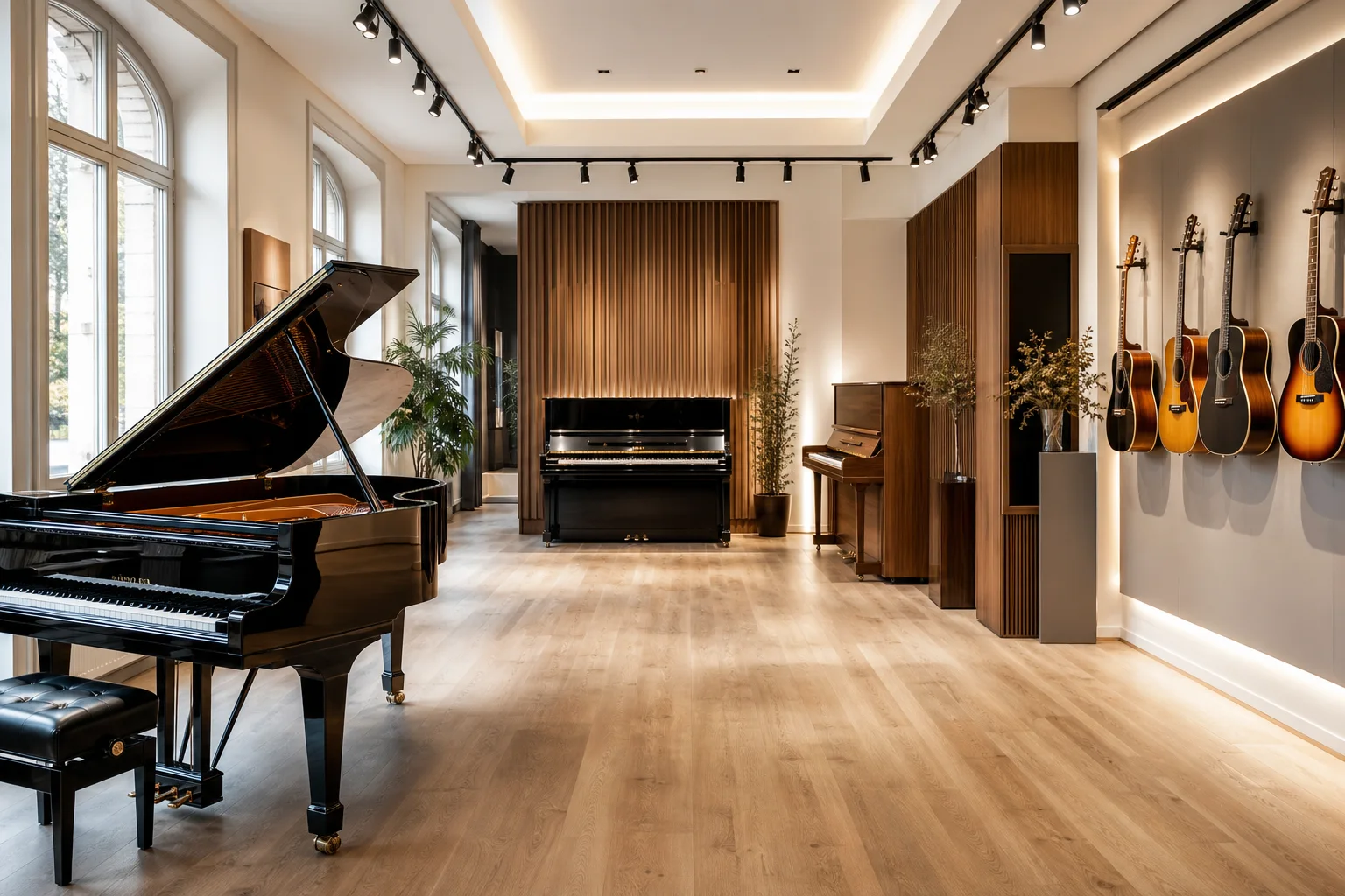 Visual dimostrativo di uno showroom di pianoforti e chitarre